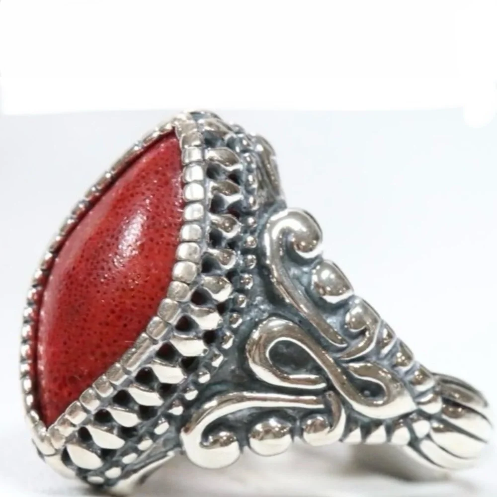 Carolyn Pollack Relios Red Coral sterling silver scroll‎ ring size 9.25